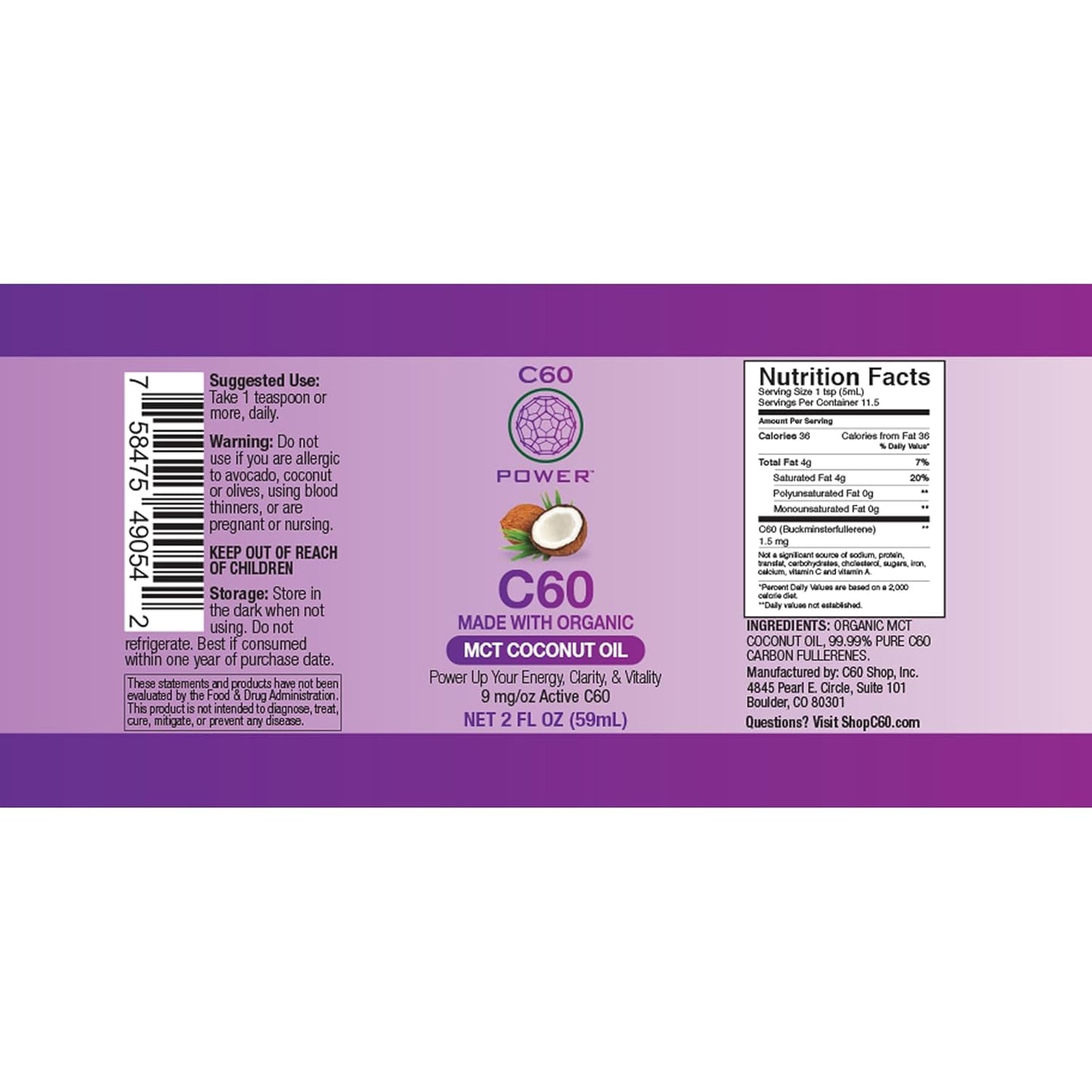 C60 Power - MCT 2-oz.- Organic MCT Coconut Oil, 2 Fl Oz, 99.99% Pure Carbon Fullerenes, Lift Oxidative Burden, Optimize Mitochondrial Function