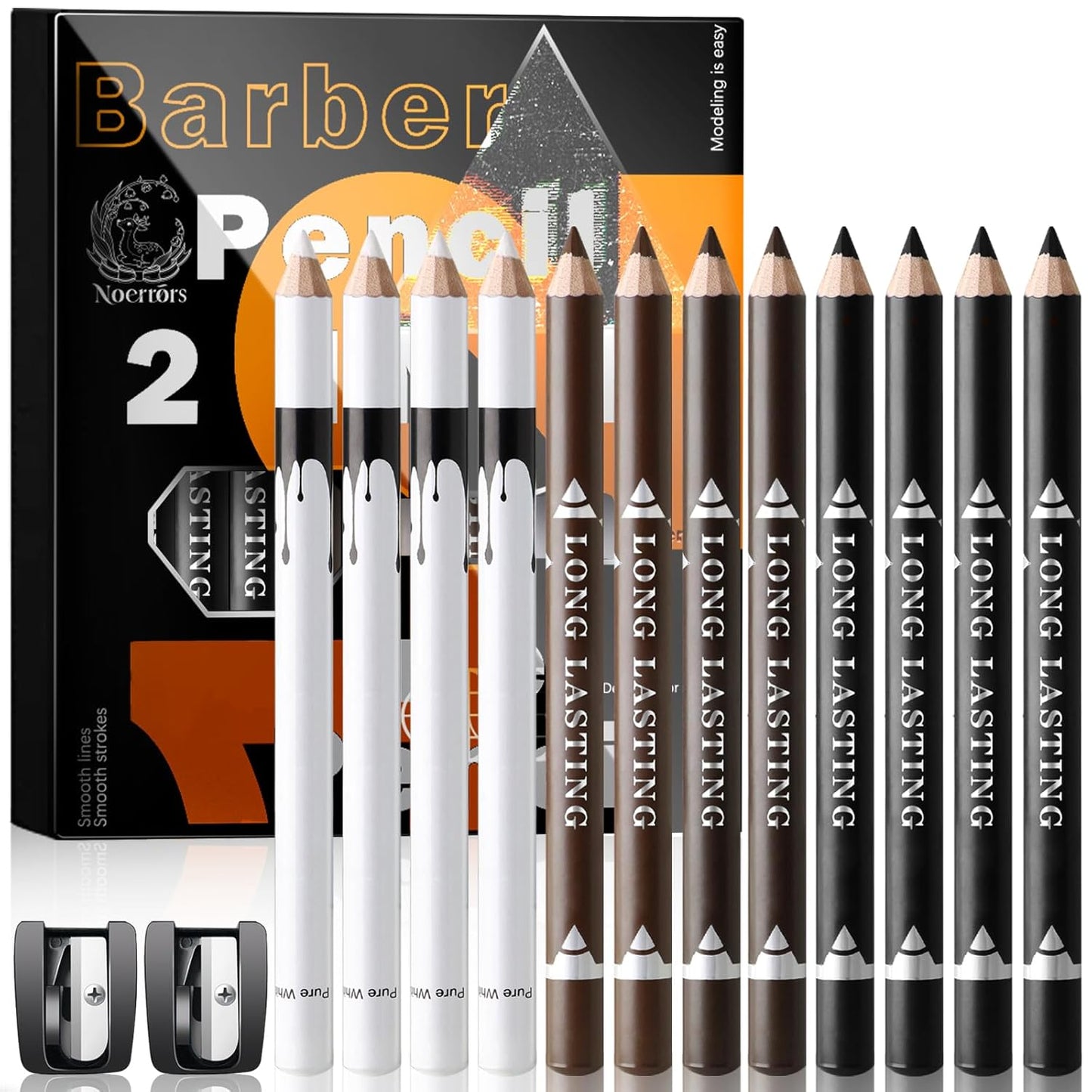 12Pcs Barber Pencil Set Magic Hairline Pencils for Lineup Beard Shaping Guide Pen with Sharpener Barber Chalk for Men Makeup Design White Black Dark Brown Light Brown