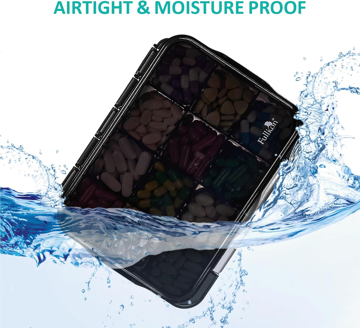 Fullicon Daily Travel Moisture Proof Pill Case with 12 Extra Large Compartment, Pill Organizer with 3 Secured Buckles, Large Supplement Box for Vitamin with Removable Dividers (Black)