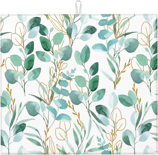 Sage Green Leaves Dish Drying Mat for Kitchen Counter Cute Botanical Dish Drainer Rack Mats 16"x18" Absorbent Reversible Drying Pad Spring Summer Kitchen Decor