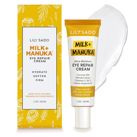 LILY SADO MILK+MANUKA™ Eye Repair Cream - Anti-Aging Natural Gentle Formula w/Coconut Milk, Manuka Honey, Sodium Hyaluronate & VITS C, B5 & E - Prevents Puffiness, Under-eye Wrinkles & Eye Bags - 1oz