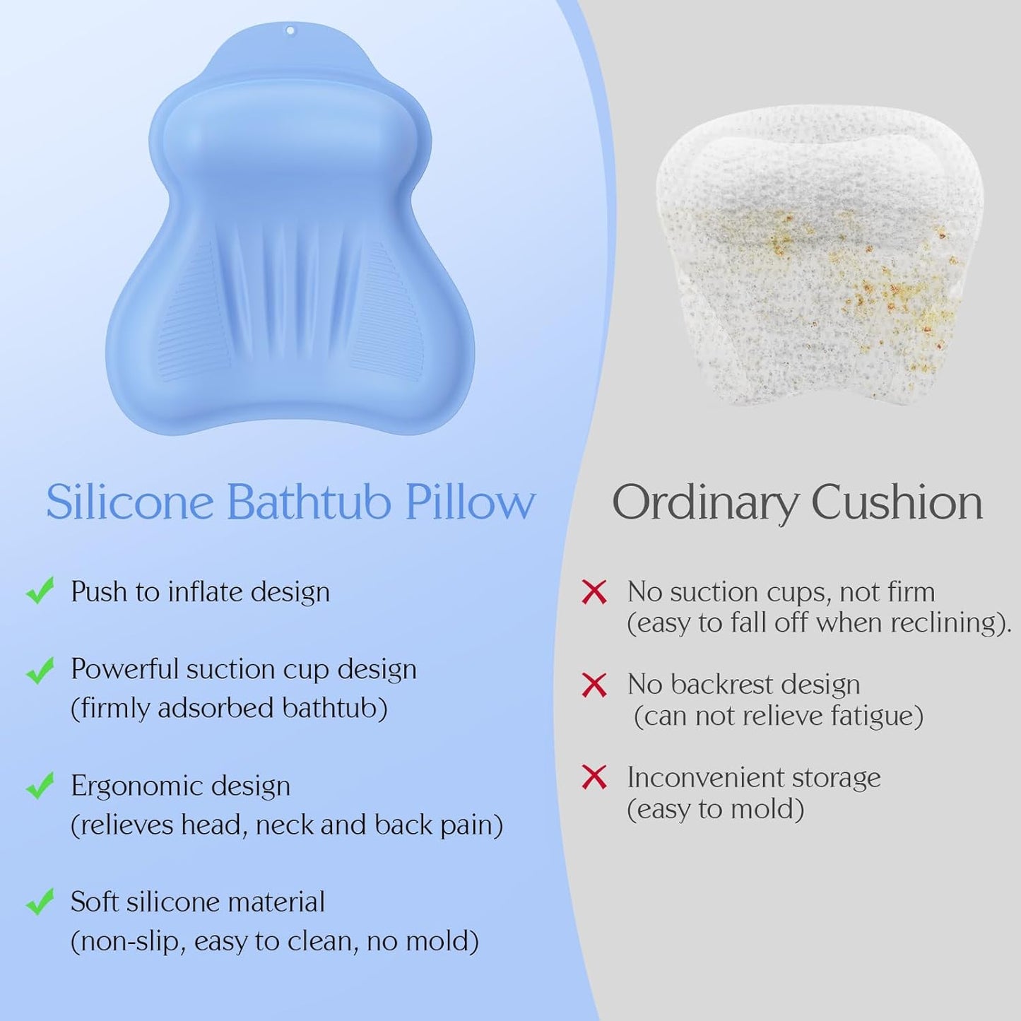 Silicone Bath Pillow, New Material Bath Pillows for Tub Head Neck and Back Support, Bath Tub Pillow with 4D Press Inflatable Airbag and Non-Slip Strong Suction Cups, Quick-Drying, Easy to Store, Blue