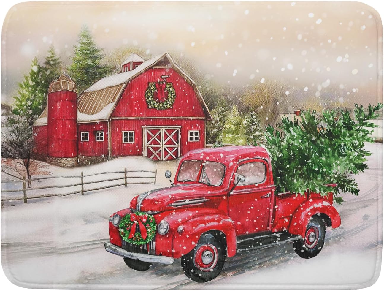 Red Truck Dish Drying Mat Xmas Tree Dish Drainer Rack Mat Winter Microfiber Absorbent Drying Pad for Home Kitchen Counter Decor 18x24 Inch