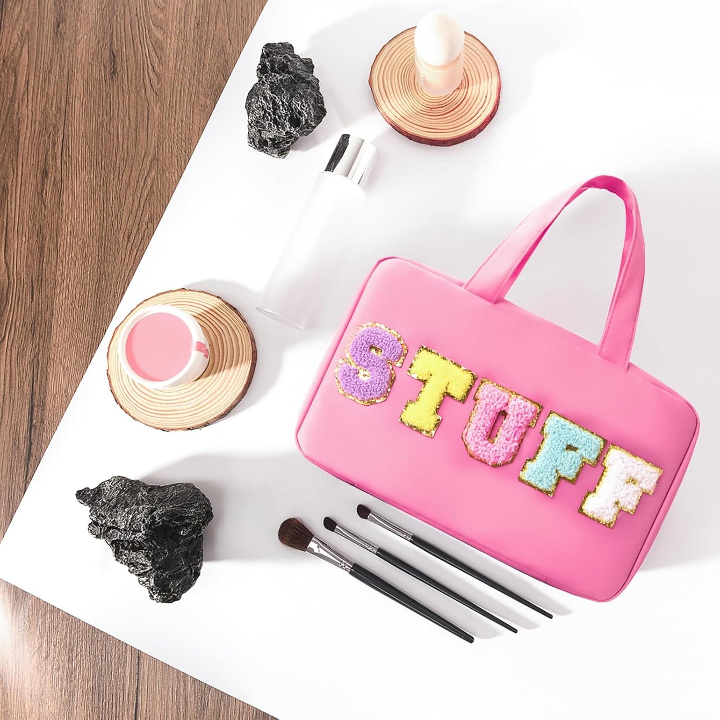 Toiletry Bag with Hanging Hook Chenille Letter Cosmetic Bag Spacious Travel Bag Water-resistant Makeup Bag for Store Toiletries Cosmetic Accessories and Sets for Women Rose Red