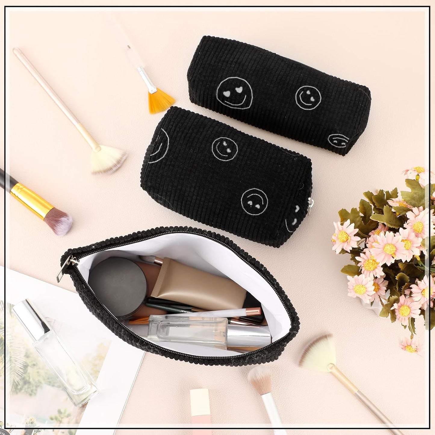 3 Pcs Makeup Bag Set for Women Corduroy Cosmetic Pouch Aesthetic Smile Travel Toiletry Bag Cute Purse Pouch Pencil Case Makeup Brushes Storage Organizer for Christmas(Black,Smile Face)