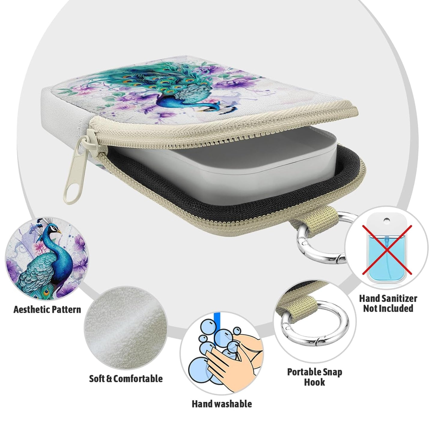 Peacock Hand Sanitizer Spray Case, Cute Hand Sanitizer Holder Zippered Pouch, Fashion Accessory with Snap Hook for Glow Mist and Power Mist 1FL OZ