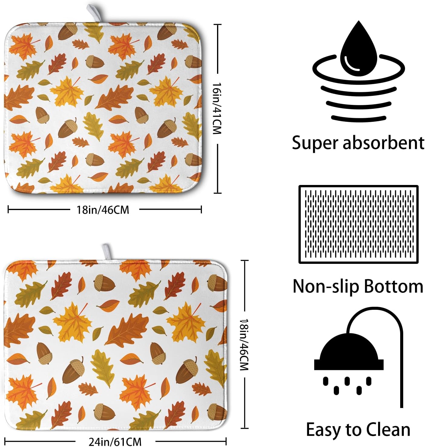 Fall Leaves Dish Drainer Mat - Absorbent Drying Mat for Counter - 18x24 Inch, Orange Maple Leaf Pattern