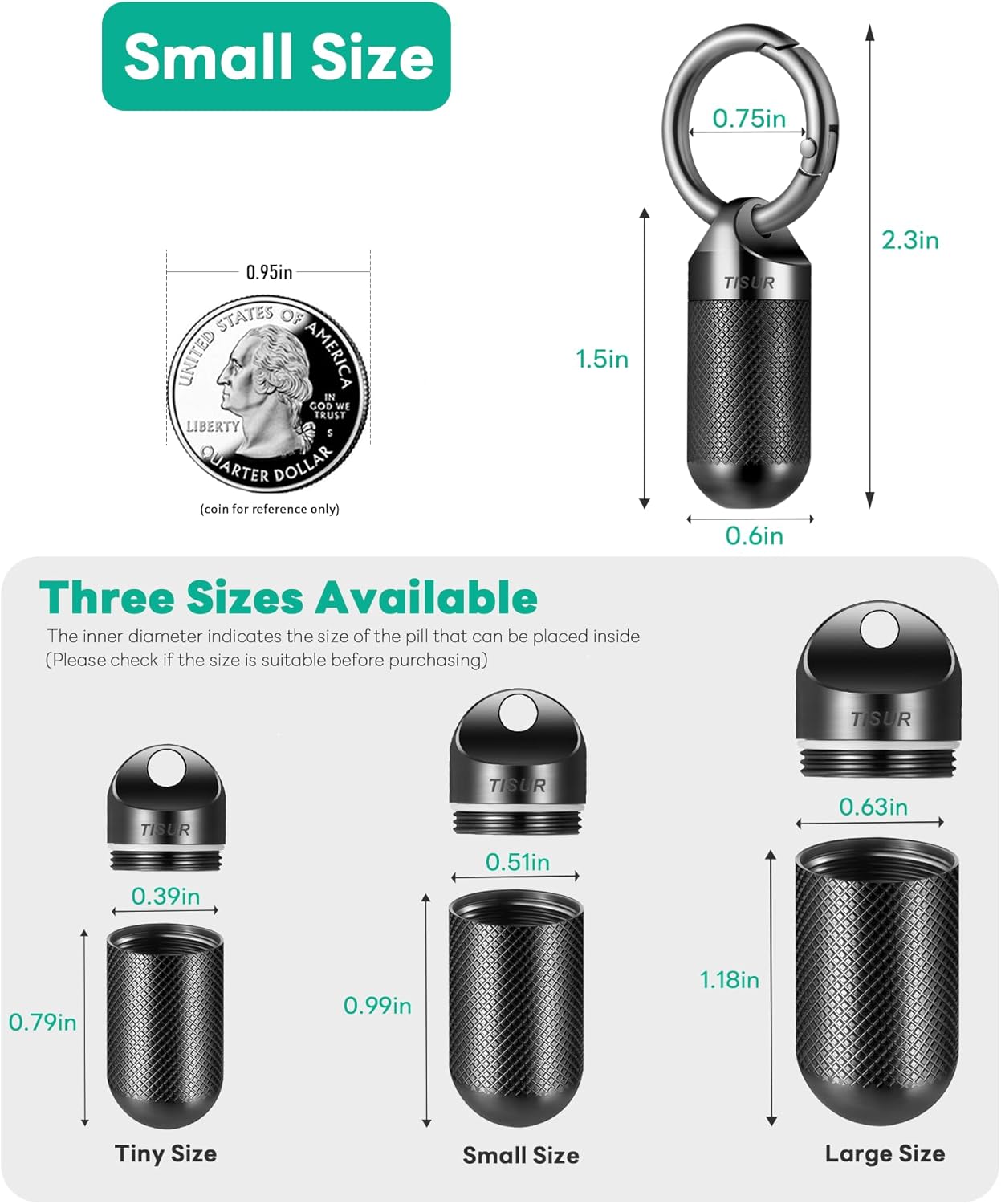 TISUR Small Pill Keychain Container, Mini Portable Titanium Keychain Pill Holder, Pocket Travel Bottle Metal Purse Box Case Black (Small Black-0.51inch)