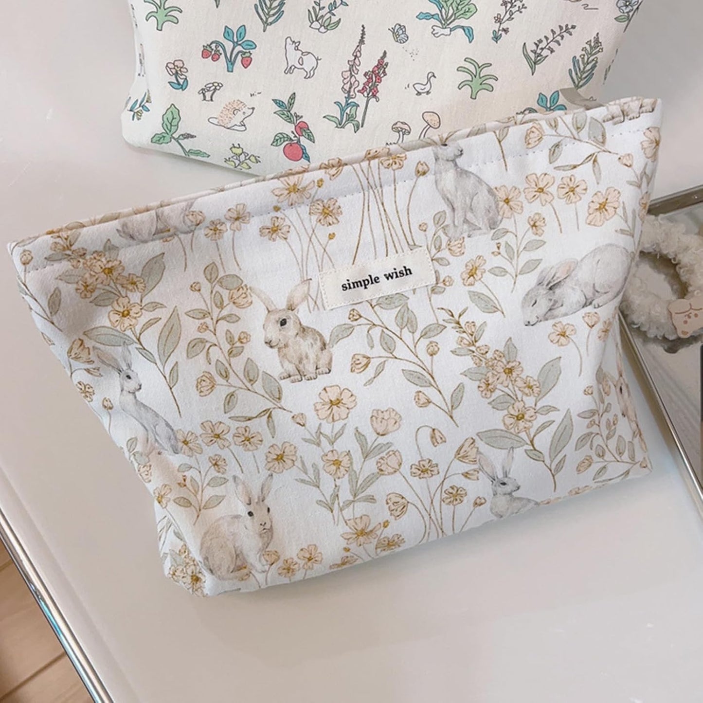 Wudygirl Cute Rabbit Cosmetic Bag - Travel Toiletry Bag & Makeup Pouch for Women & Girls - Large Capacity Canvas Organizer with Zipper Pencil Pouch