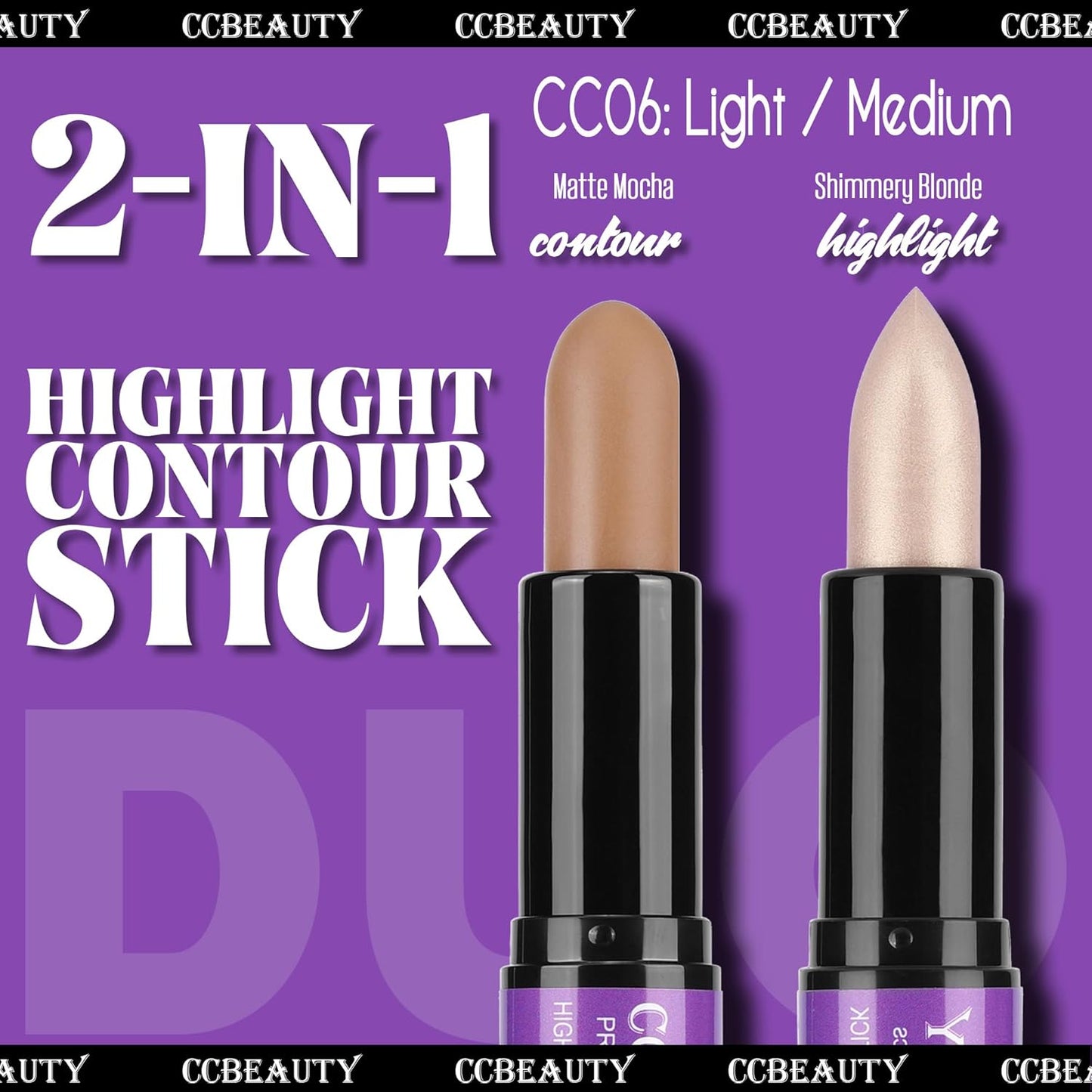 CCbeauty 2pcs 2-IN-1 Shimmer Contour Highlighter Stick with Blush,Cream Dual-End Highlight Bronzer Concealer & Blusher for Cheeks & Lip, Long Lasting Contouring for Face Shaping Makeup, Light-Medium