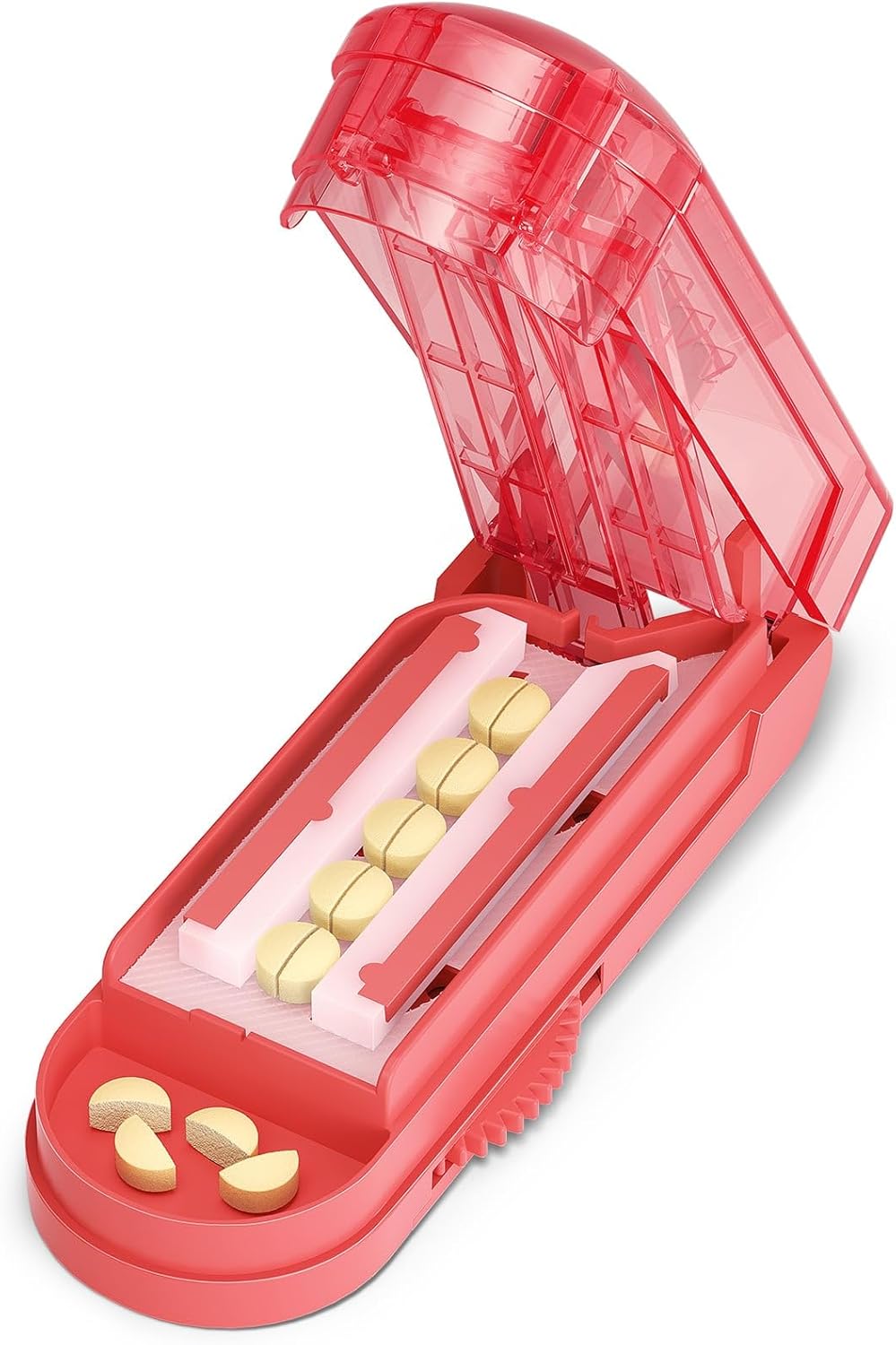 ONE PIX Pill Cutter Splitter for Small and Tiny Pills, Pill Splitter for Cutting Multiple Pills at a Time in Half with Hidden Sharp Stainless Steel Blade, Red