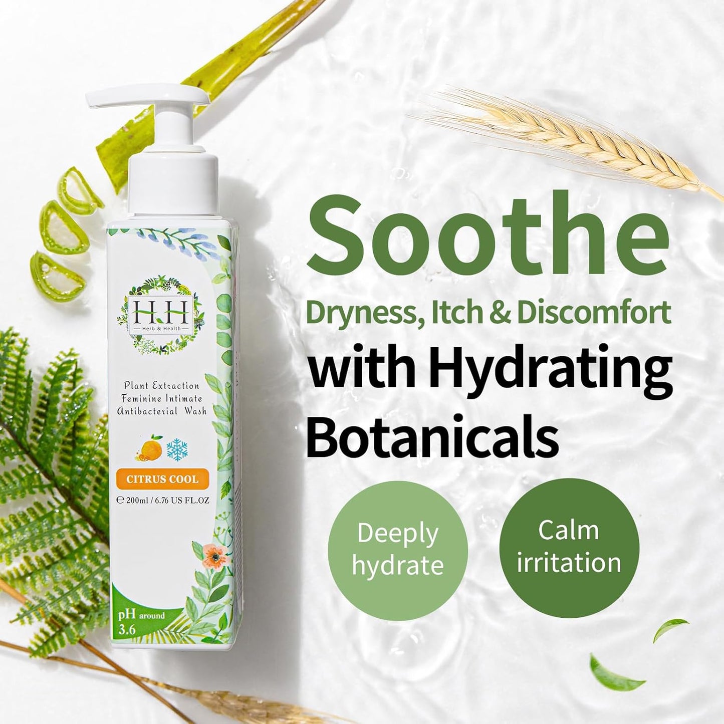 HH Herb & Health Feminine Wash for Women, pH3.6 Lactobacillus Cleanser with Botanical Extracts, Hydrating & Cooling Intimate Care for Odor, Dryness and Itch, Woody Scent