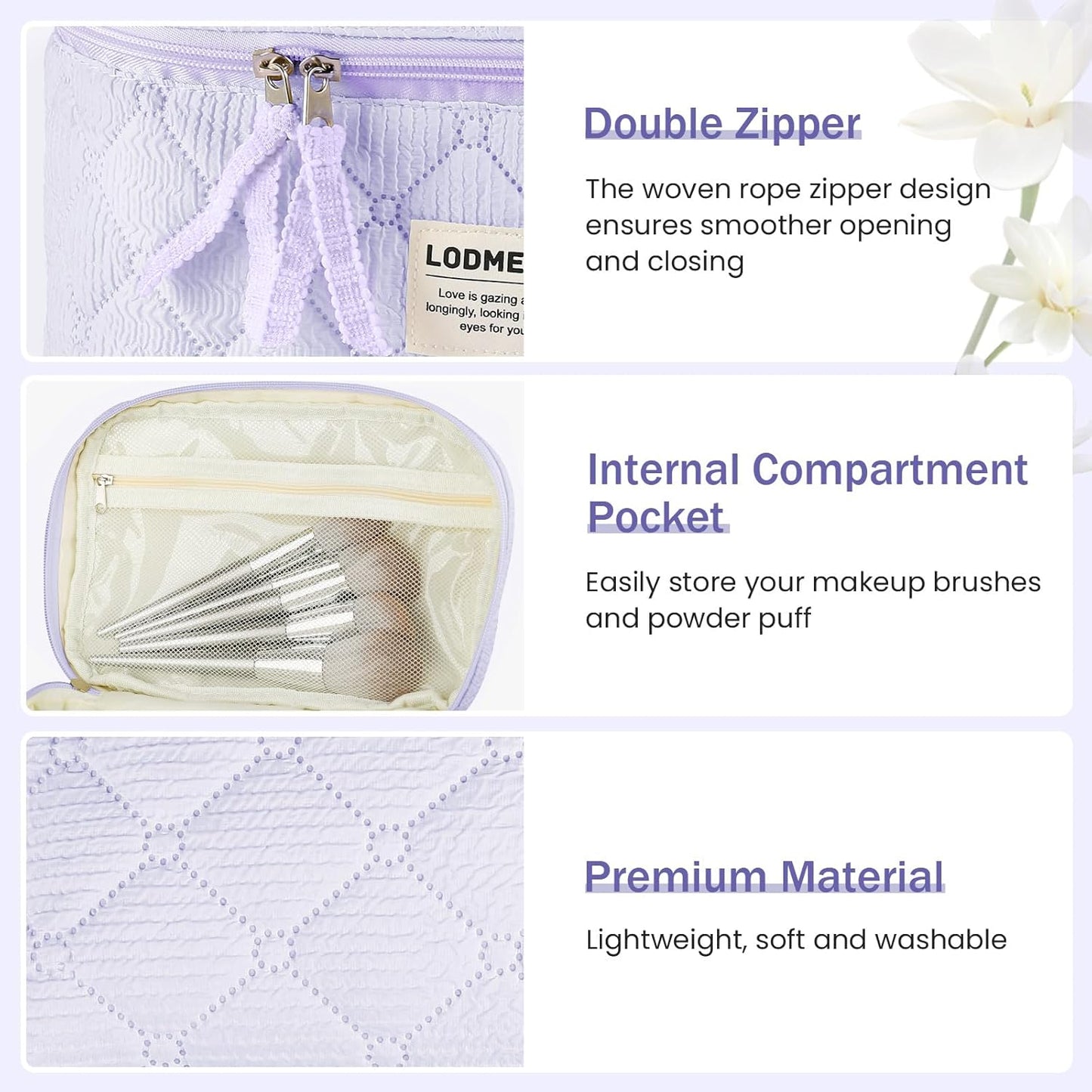 Makeup Bag 3 PCS Cosmetic Bags for Women, Large Travel Make up Bag Set Cute Cotton Toiletry Bag Organizer Pouch for Purse, Purple