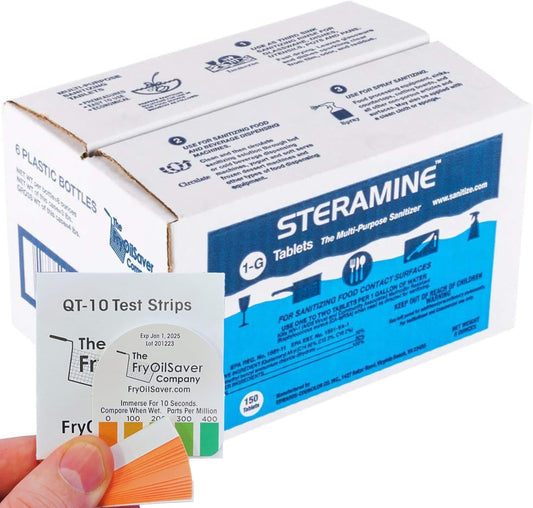 6 Bottles Steramine Sanitizer Tablets w/15 QT-10 Test Strip - Multi Purpose Steramine Sanitizing Tab for Food Contact Surface, Kitchen, Restaurant, Diner & Food Service by FryOilSaver Co. (900 Count)