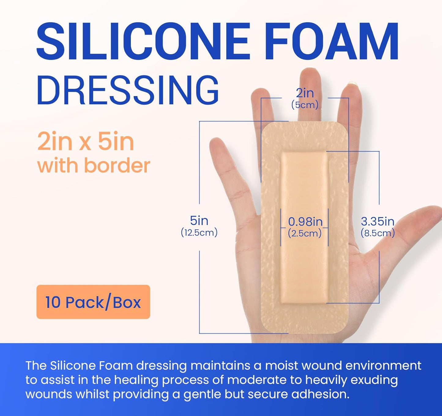 Large Waterproof Bandages 2"X5" Silicone Foam Dressing for Sensitive Skin Wound Care, 10 PCS, Adhesive Cohesive Pad with Border for First Aid, Post Surgical and Trauma Care, Sore, Burn, Pressure
