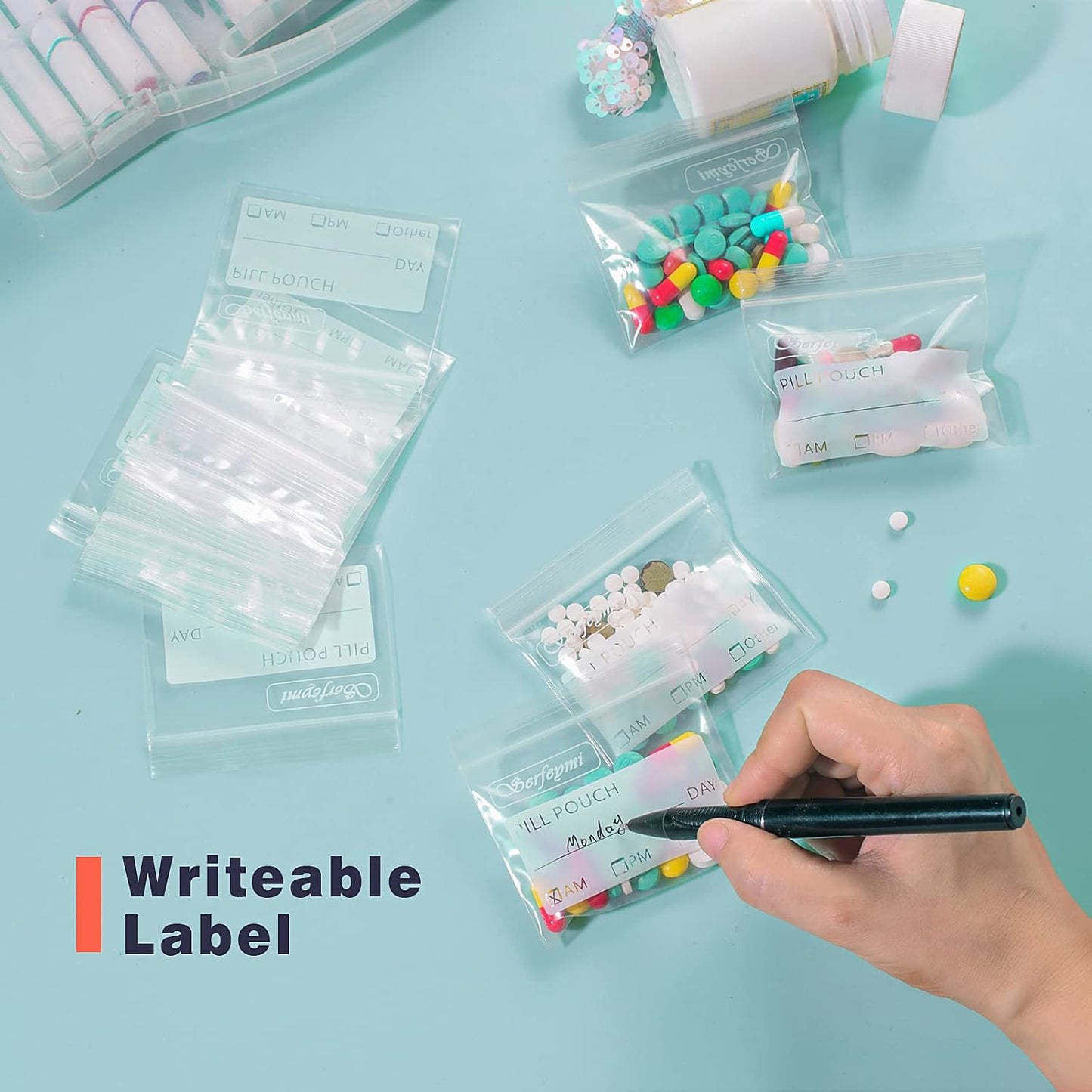 Serfeymi Pill Bags for Travel Pill Pouch Organizer Pack of 540 BPA Free 3 x 2.75 inch Reusable Pill Pouches for Medicine with Write on Label & Zipper Seal Waterproof AM PM Pill Baggies for Supplements