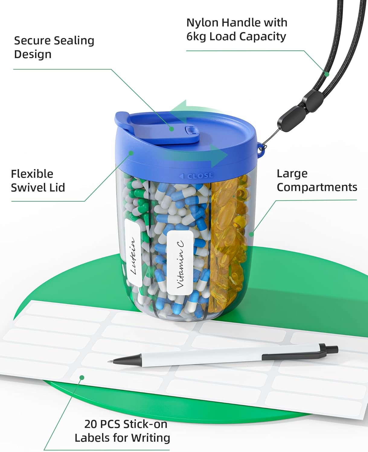 PULIV Large Supplement Organizer Bottle, Holds Plenty of 6 Various Vitamins in 1 Pill Dispenser with Anti-Mixing & Wide Openings Design, Easy to Retrieve Meds, Includes 20 Pcs Labels Royal Blue