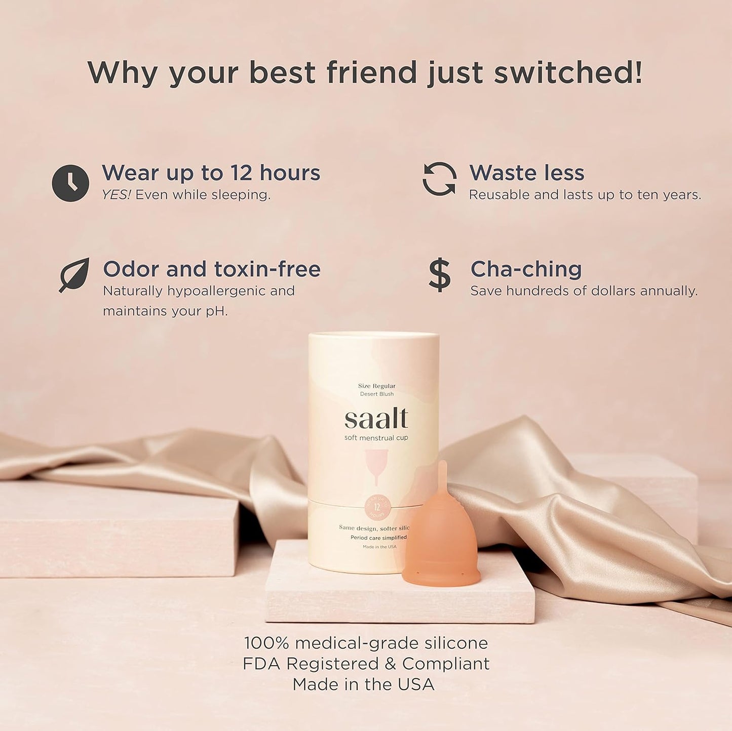 Saalt Soft Menstrual Cup – Reusable Period Cup – Made for Comfortable, Leak-Free Protection Up to 12 Hours – BPA & Latex Free – Includes Cup & Carry Bag (Small, Desert Blush)