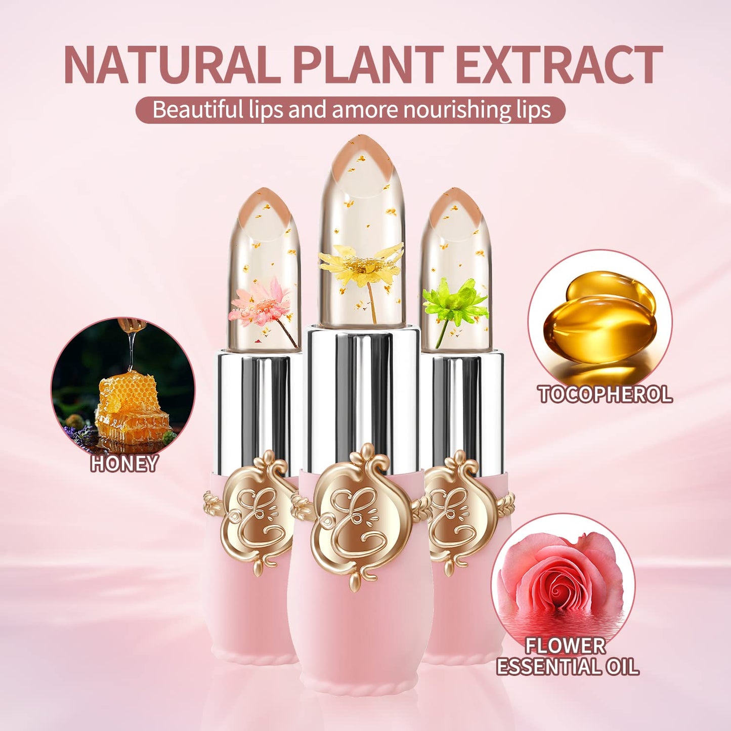 3 Pcs/Set Flower Jelly Lipstick Set Temperature Change Moisturizer Long Lasting Nutritious Balm Magic Color Change Lip Gloss (Flower Jelly Lipstick 040506)