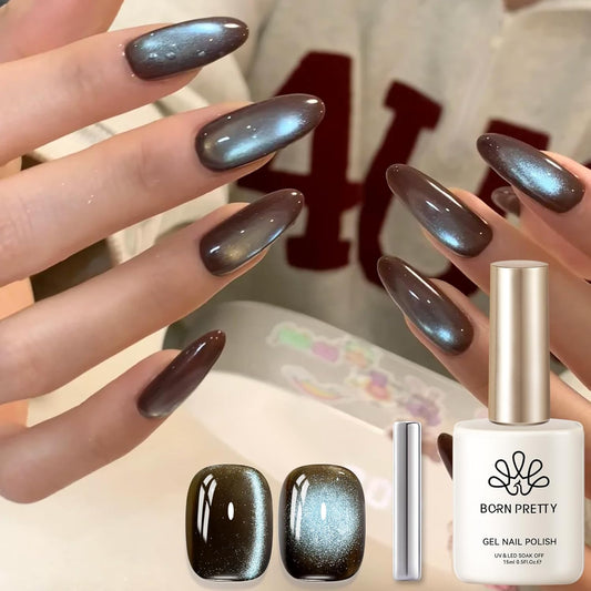 BORN PRETTY Cat Magnetic Eye Gel Nail Polish, Mint Chocolate Blue Glitter Cat Magnetic Gel Nail Polish Magnetic Nail Polish for Nail Art Manicure Salon DIY at Home 15ML