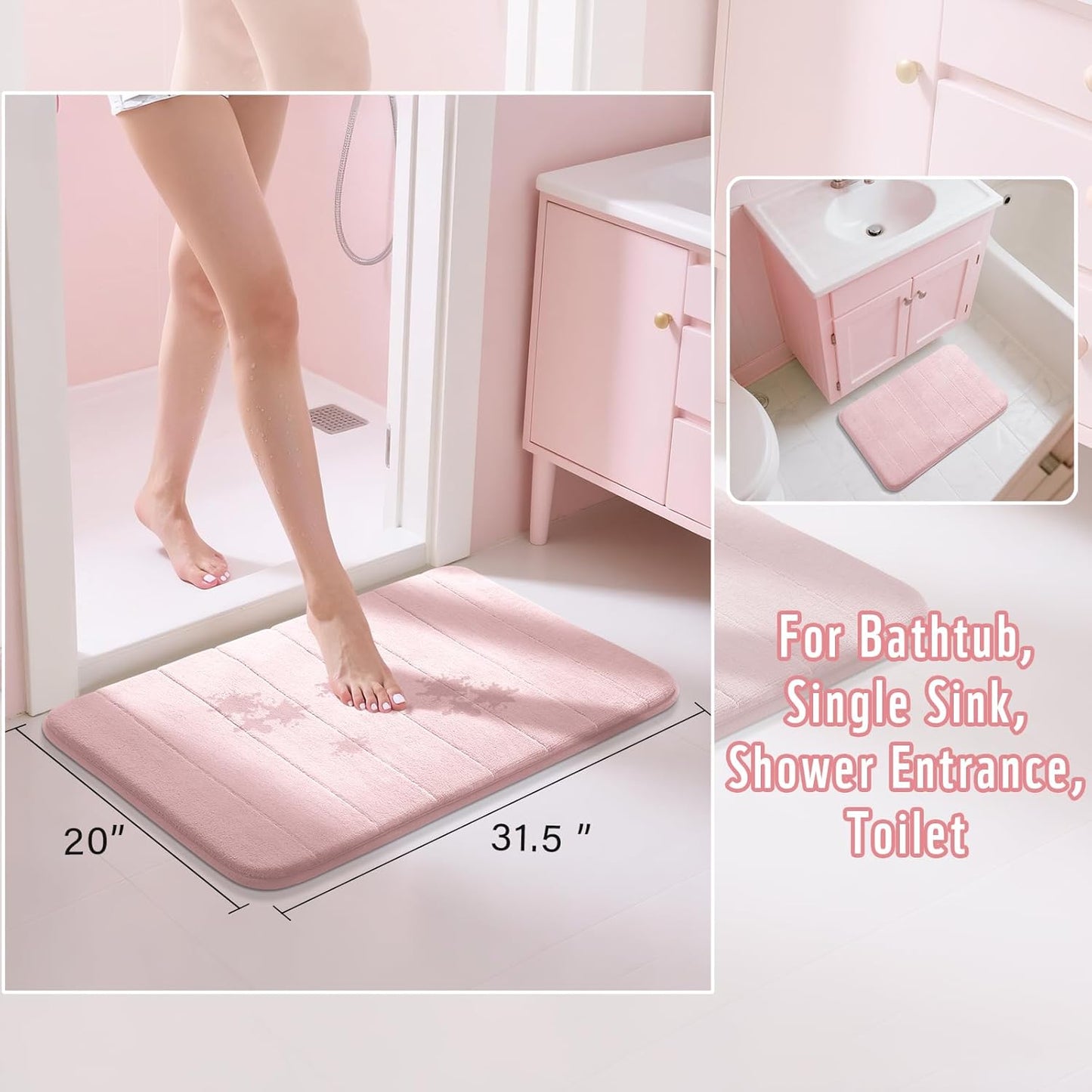 Yimobra Pink Bath Mat 31.5x20 Inch, Super Soft Absorbent Memory Foam Bathroom Rug Non Slip, Quick Dry, Machine Washable Floor Carpet for Tub Shower, Home Decor Accessories
