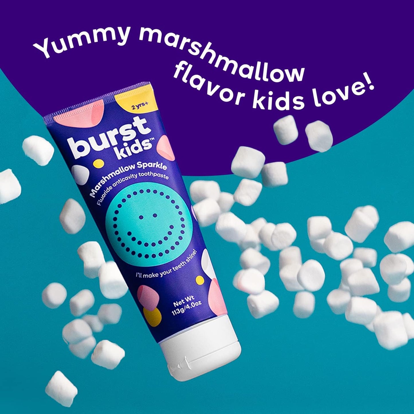 BURST Marshmallow Sparkle Kids Toothpaste with Fluoride (4oz) | Great Tasting | Flavored for Children & Toddlers | Anticavity | Dye Free & Vegan | Safe for Kids Ages 2+