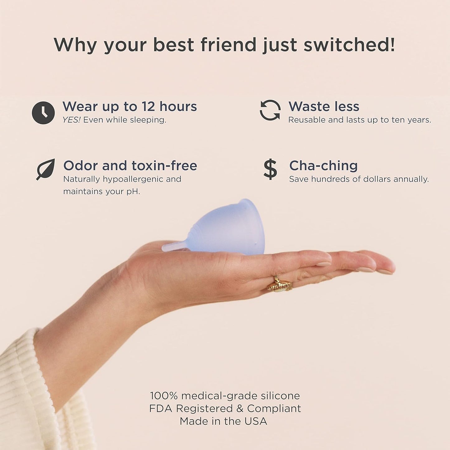 Saalt Menstrual Cup - Premium Design - Most Comfortable Period Cup - #1 Active Cup - Wear for 12 Hours - Soft, Flexible, Reusable Medical-Grade Silicone - Made in USA