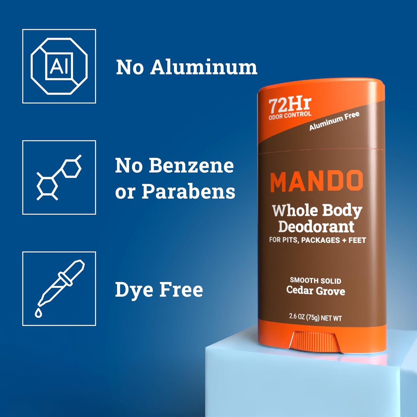 Mando Whole Body Deodorant For Men - Smooth Solid Stick - 72 Hour Odor Control - Aluminum Free, Baking Soda Free, Skin Safe - 2.6 Ounce (Pack of 2) - Cedar Grove