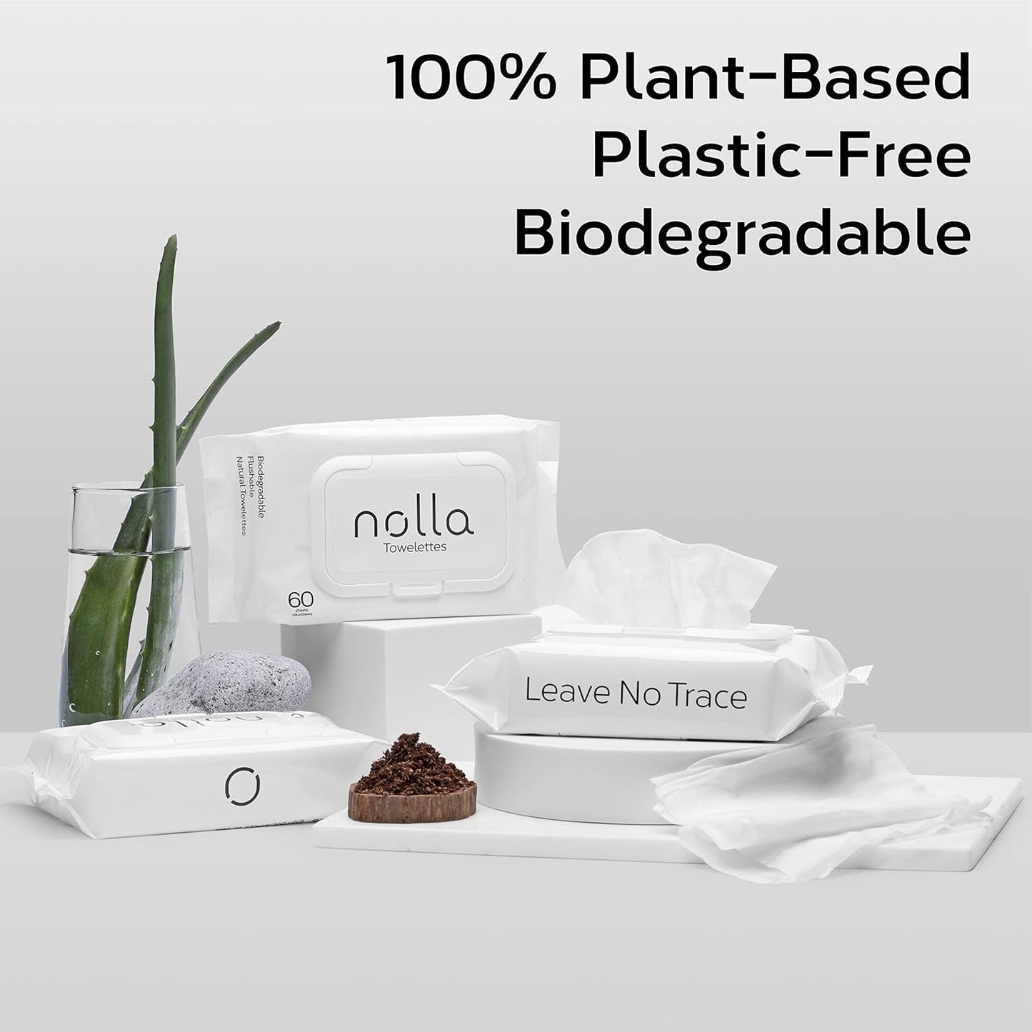 Nolla Flushable Wipes - 100% Plant-Based and Biodegradable - Soft, Unscented + Soothing Aloe and Vitamin E - For Adults and Kids 180 Count (3 Packs of 60)
