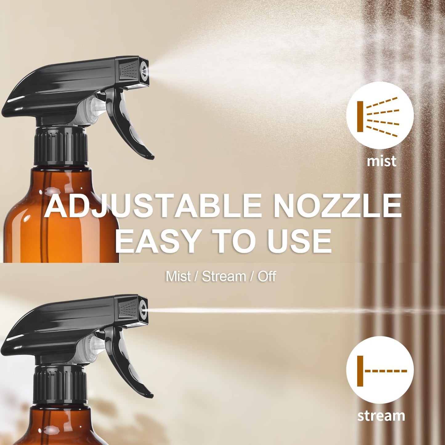 Plastic Spray Bottles, 2-Pack, 16.9 Oz, Mist & Stream, Heavy Duty Spraying, Empty Water Spray Bottle for Cleaning Solutions, Essential Oils, Hair, Plants, BBQ, Cat Dog Behavior Correction (Amber)