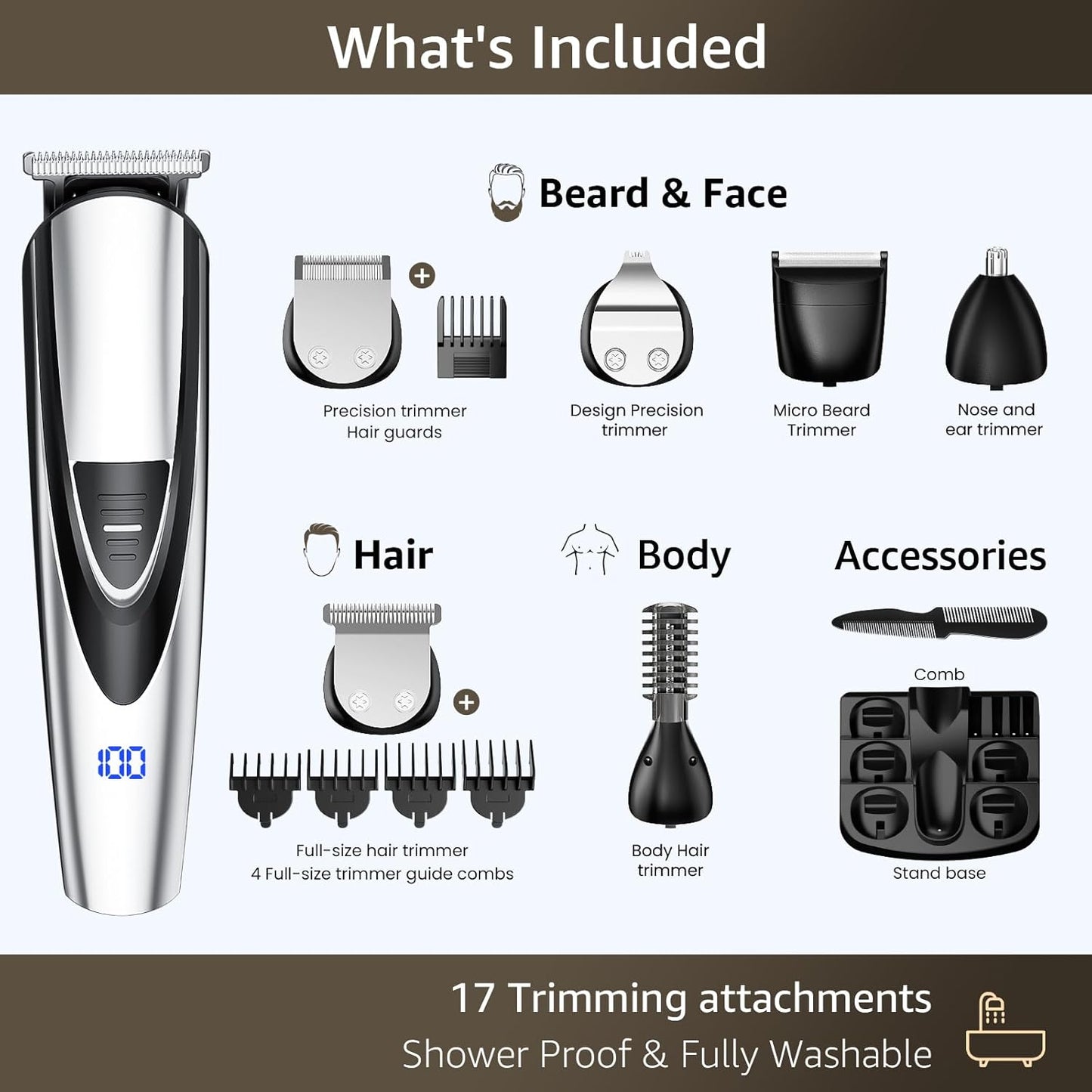 Electric Beard Trimmer for Men: 16-in-1 Professional Barber Hair Clippers - Cordless Grooming Kit - Turbo Speed & Precision Blades, Silver