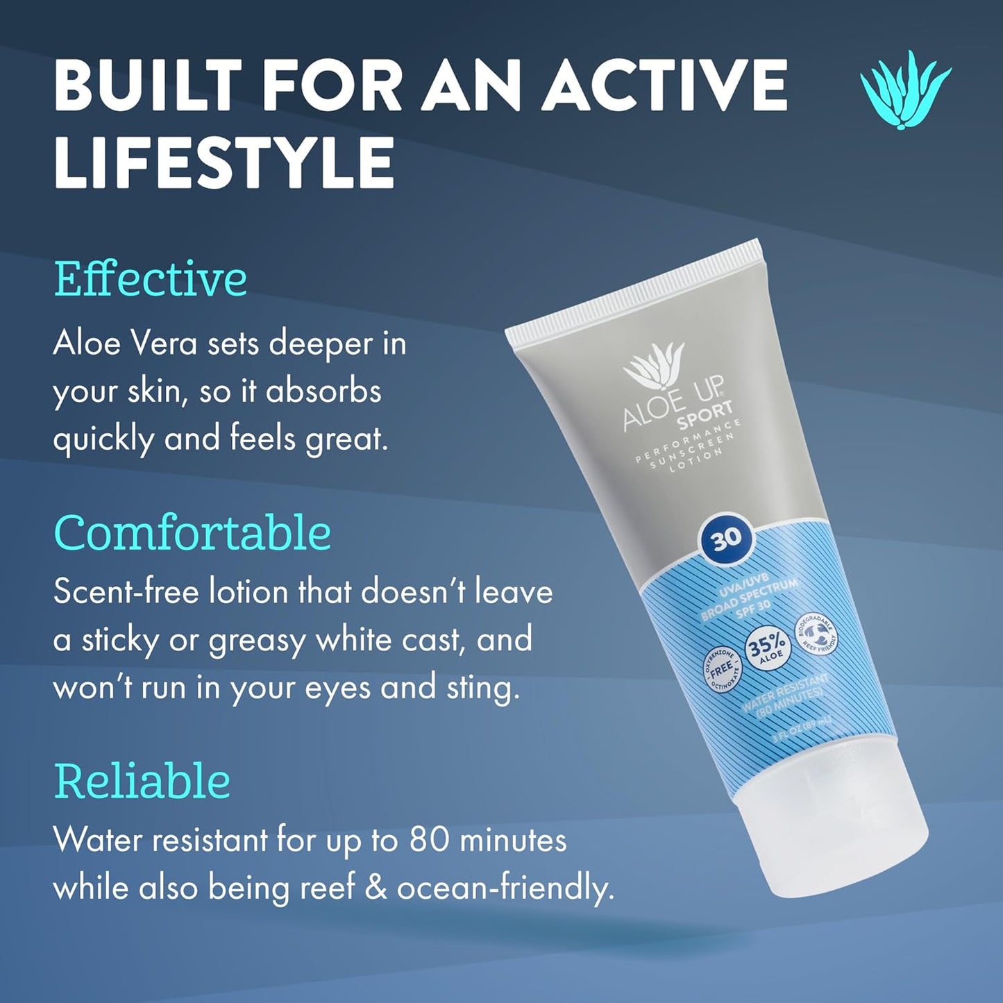 Aloe Up Sport Sunscreen Lotion SPF 30 - Broad Spectrum UVA/UVB Sunscreen Protector for Face and Body - With Hydrating Aloe Vera Gel - Non-Greasy - No White Cast - Reef Safe - Fragrance-Free - 3 Oz.