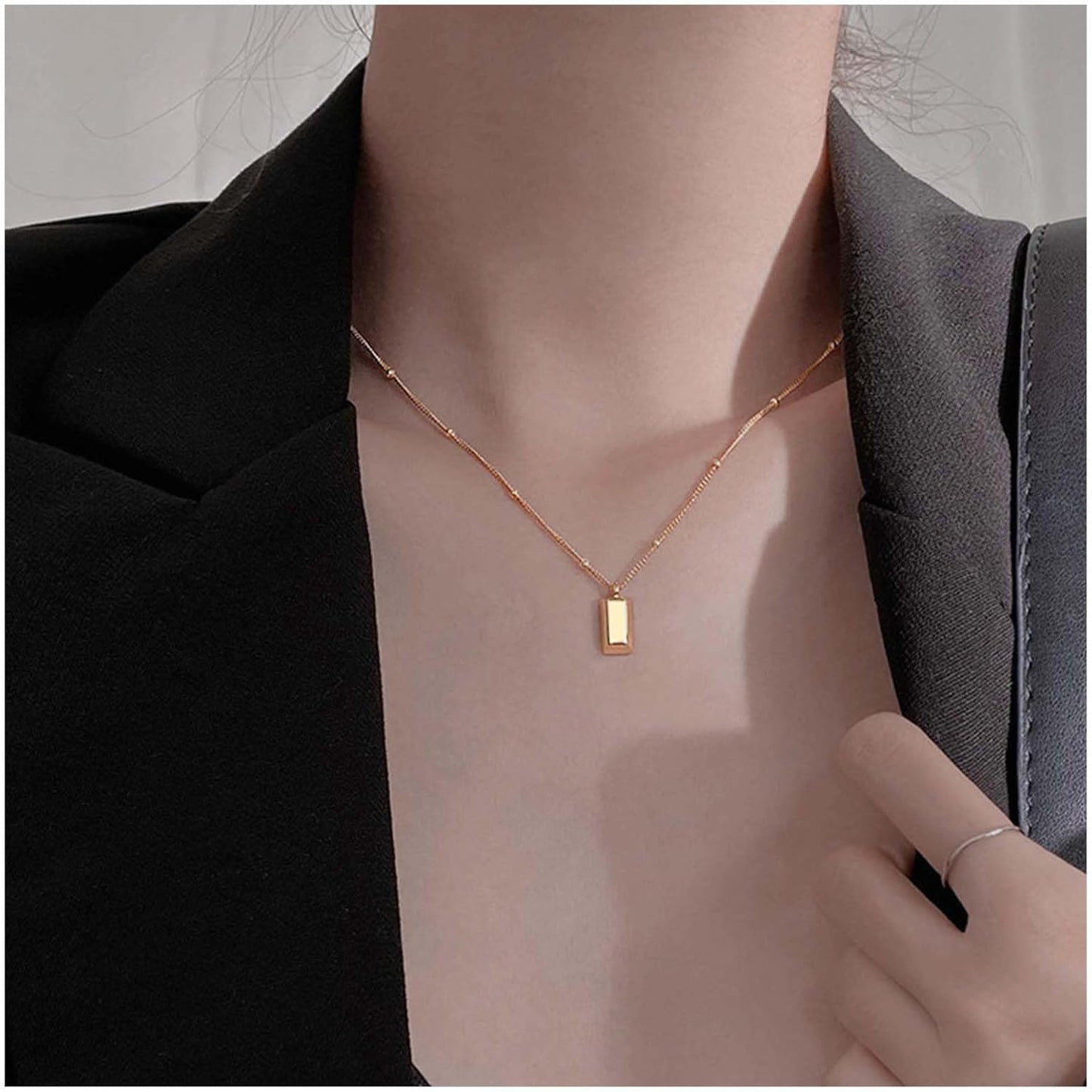 Vintage Square Pendant Necklace Polish Square Necklace Square Choker Necklace Gold Ball Chain Necklace Jewelry for Women (Gold)