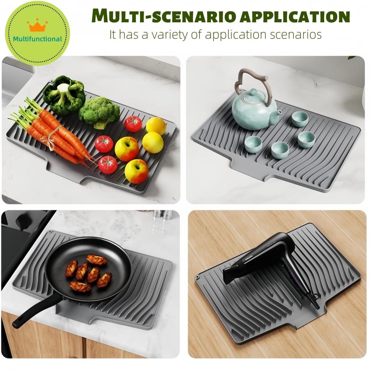 CIEO Silicone Dish Drying Mat for Kitchen Counter, Slope Fast Self-Draining, Non-Slip Drain Pad, Easy Clean Countertop Protection Mat, Multiple Use for Dishes Drying Rack（18.9"x 13.58",Gray）