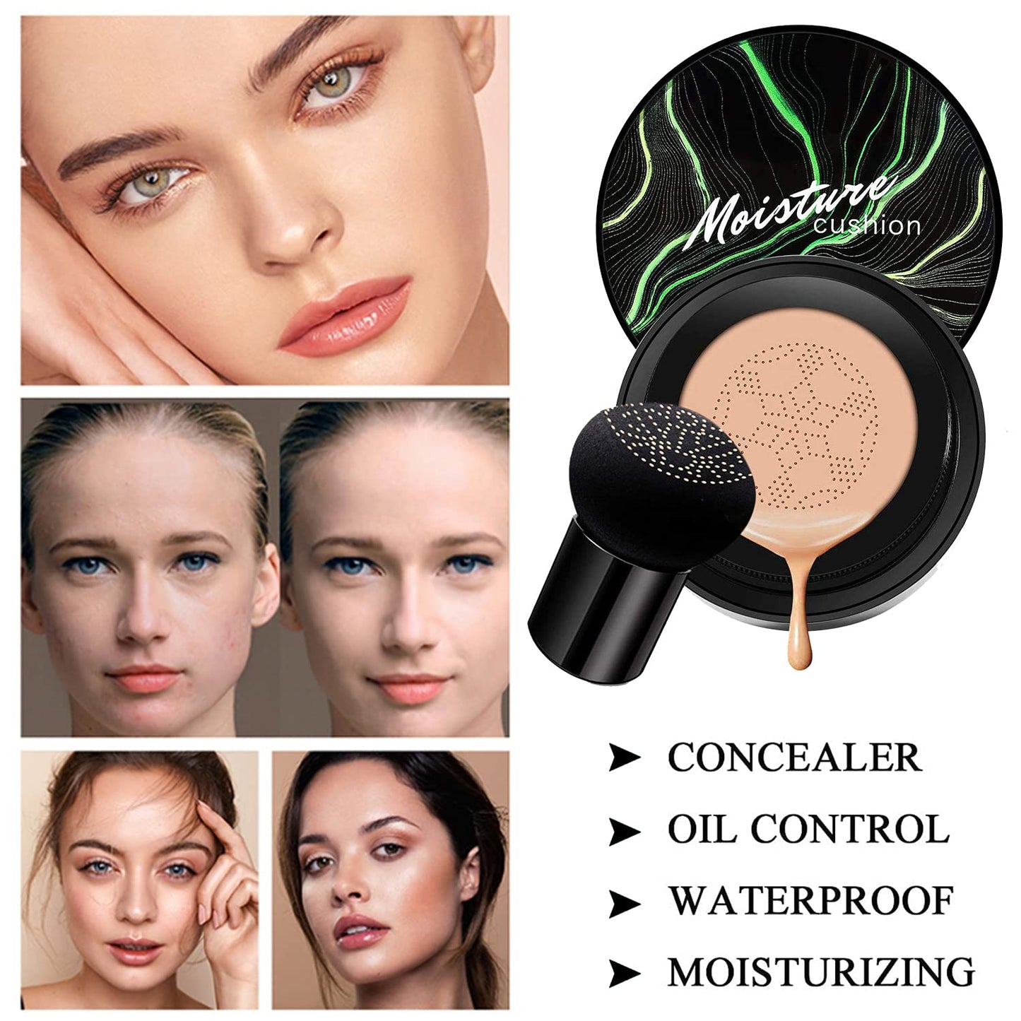 Mushroom Head Air Cushion CC Cream Natural Foundation,Phoera Powder, Bright Makeup Base Long Lasting with Makeup Sponge and Flat Top Kabuki Foundation Brush (#05 Sand)