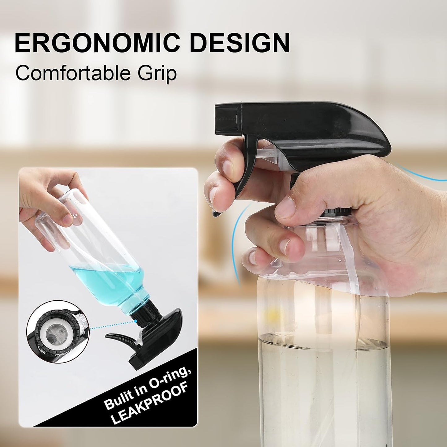 Spray Bottles Plastic Spray Bottle for Hair Mist/Stream Heavy Duty Empty Spray Bottles for Cleaning Solutions, Plants, Cooking (12oz-Blackclear+nozzle)