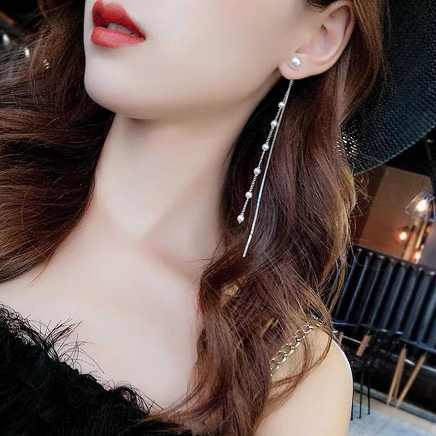 Boho Long Pearl Dangle Drop Earrings Vintage Silver Pearl Chain Dangle Earrings Statement Tassel Pearl Dangle Earrings Wedding Prom Pearl Earrings Jewelry for Women