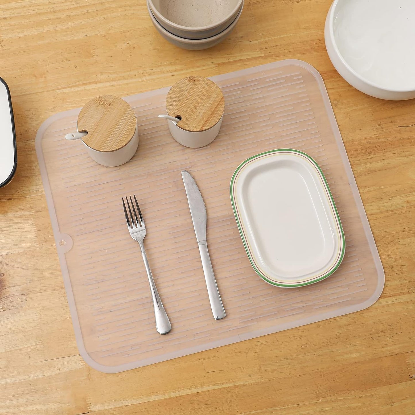 Silicone Dish Drying Mat for Multiple Usage,Easy clean,Eco-friendly,Heat-resistant Silicone Mat for Kitchen Counter or Sink,Refrigerator or Drawer Liner Translucent XL 18 inches x 16 inches