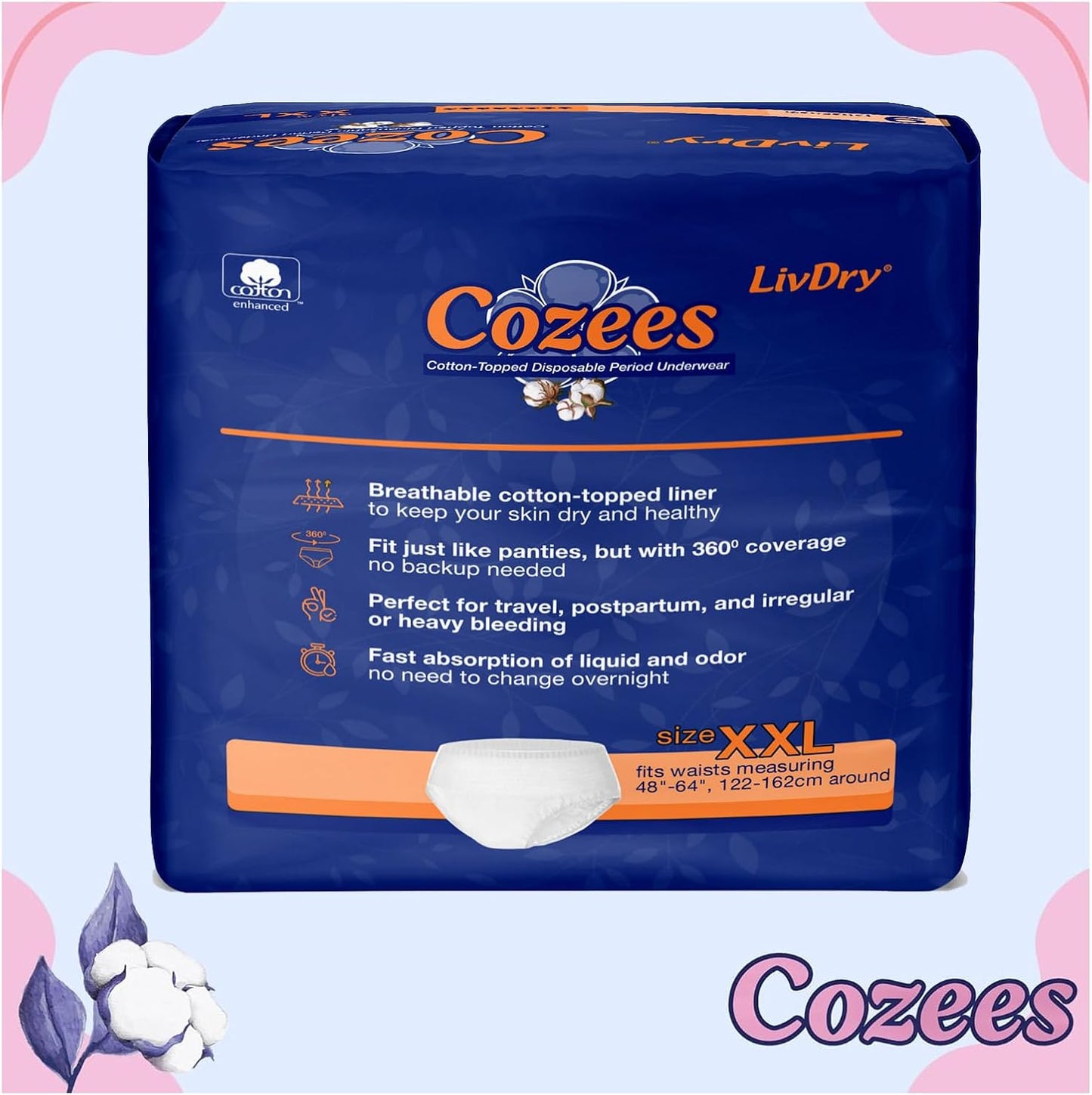 Cozees Disposable Period Underwear for Women, Menstrual and Postpartum High Absorbency, Cotton Covered Comfort, Made in USA (36 Count, XX-Large)