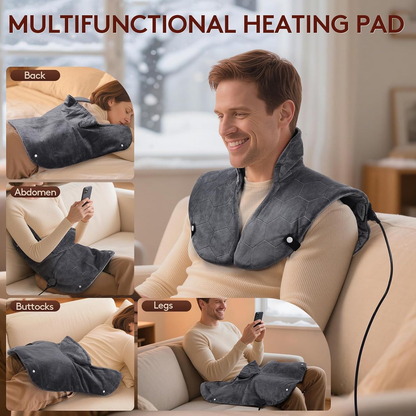 Far Infrared Heating Pad for Neck and Shoulders and Back - 6X Deeper Pain Relief, Graphene 30s Fast Heat, 8 Heat Setting, 16 Timer, Automatic Memory, Weighted Heating Pads Gift for Women&Men (Grey)