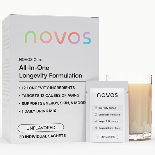 NOVOS Core Longevity Mix, Anti-Aging Supplement, Drink Powder Packet Unflavored - Skin Support, Energy, Mood Support, Sleep and Cognition Support - 30 Servings