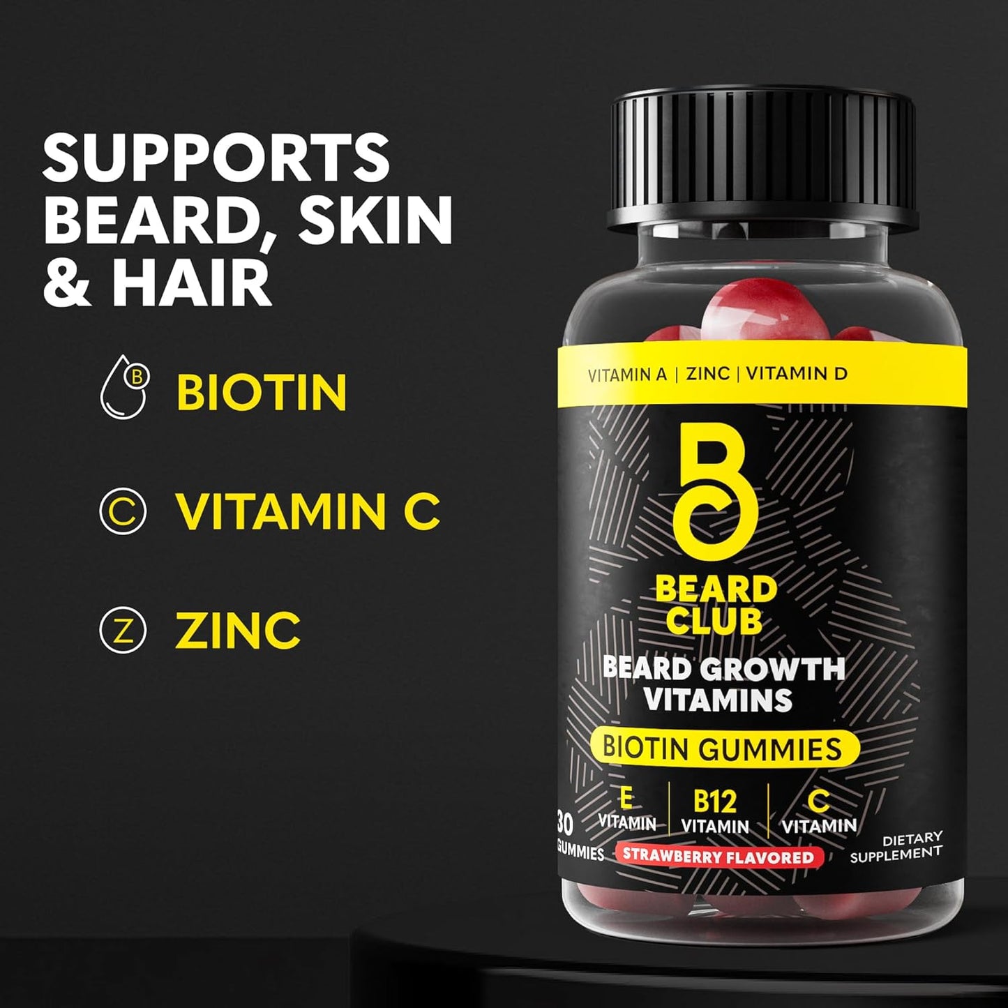The Beard Club Biotin Beard Growth Vitamin Gummies - Hair Supplement for Men - Vitamins B12, E, & C to Support a Thicker Fuller Looking Facial Hair - Strawberry Gummy