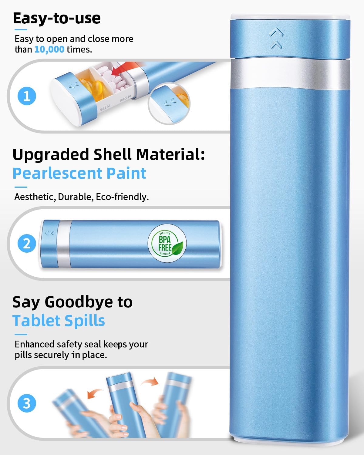 Weekly Pill Organizer 7 Day, Daily Pill Box, Travel Pill Case, Cute Pill Holder to Hold Vitamins, Medicines, Supplements, Pills Organizer (Blue)