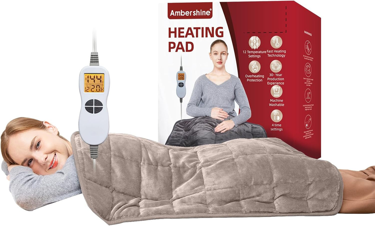 Ambershine 17''x33'' Weighted Heating Pad, 5.2lbs with 12 Temperature Settings & 4 Auto-Off Timers, Pain Relief for Back/Neck/Shoulders/Abdomen/Legs, Christmas Gifts for Mom Dad Women Men(Light Tan)