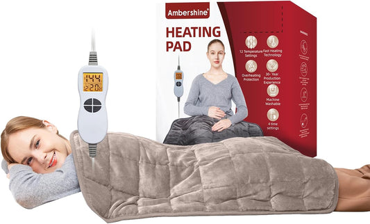 Ambershine 17''x33'' Weighted Heating Pad, 5.2lbs with 12 Temperature Settings & 4 Auto-Off Timers, Pain Relief for Back/Neck/Shoulders/Abdomen/Legs, Christmas Gifts for Mom Dad Women Men(Light Tan)
