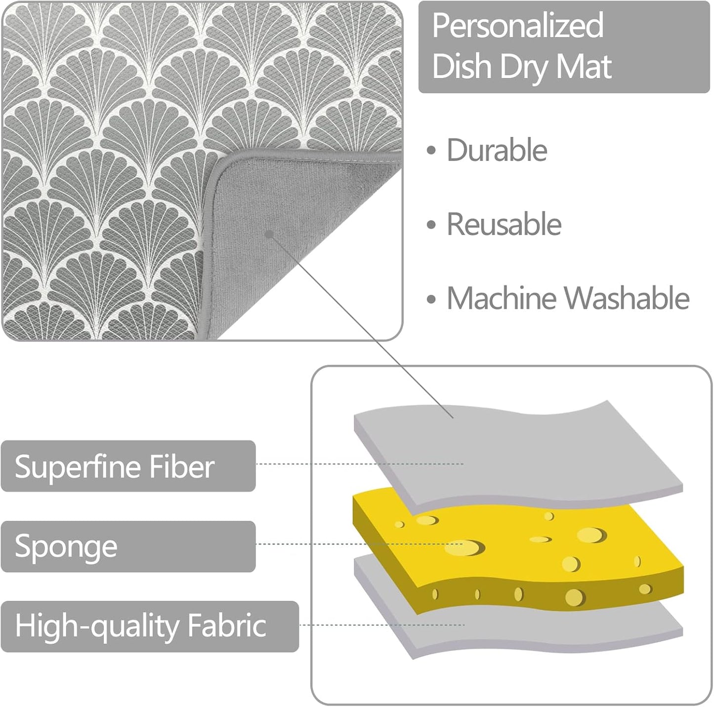 SHIYUE Dish Drying Mat for Kitchen Counter Super Absorbent Spring Kitchen Decor Microfiber Drying Matainers Rack Fast Pad Dish Drainer Mats(Grey Shell Geometric,18''x24'')