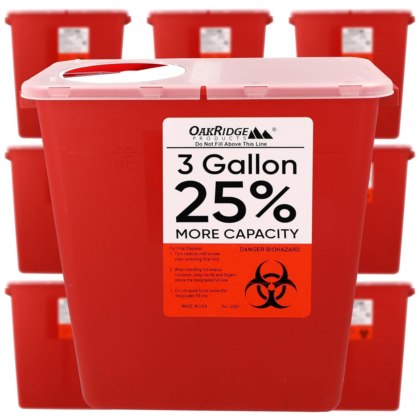 Oakridge Products Large Sharps Container for Home Use and Professional 3 Gallon (10-Pack) with Rotating lid, Biohazard Needle and Syringe Disposal, CDC Certified, Wholesale Business Bundle