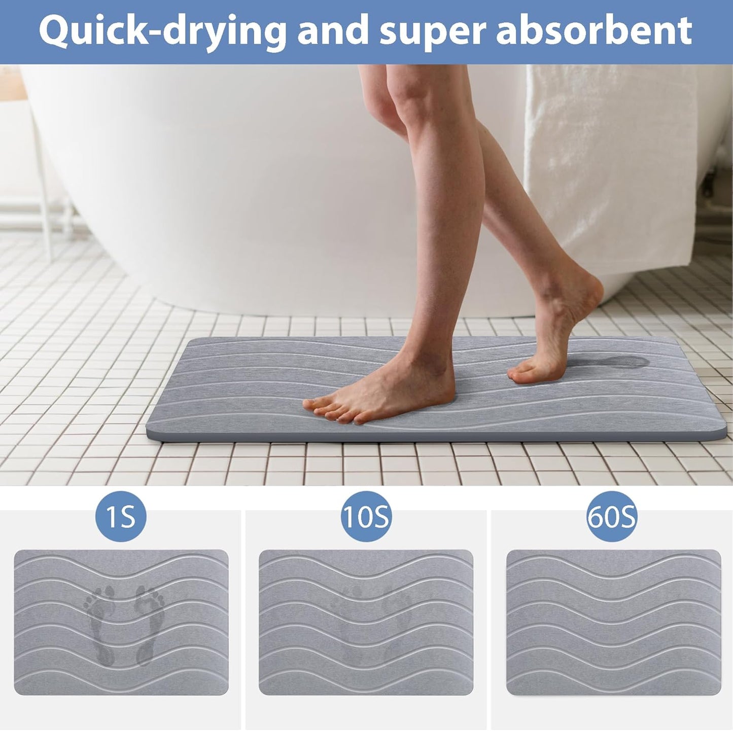 Absorbent Stone Bath Mat, Diatomaceous Earth Shower Mats, Non-Slip Water Absorbing Diatomite Stone Mat for Bathroom Floor, Quick-Drying Easy to Clean (23" x 16" Gray)