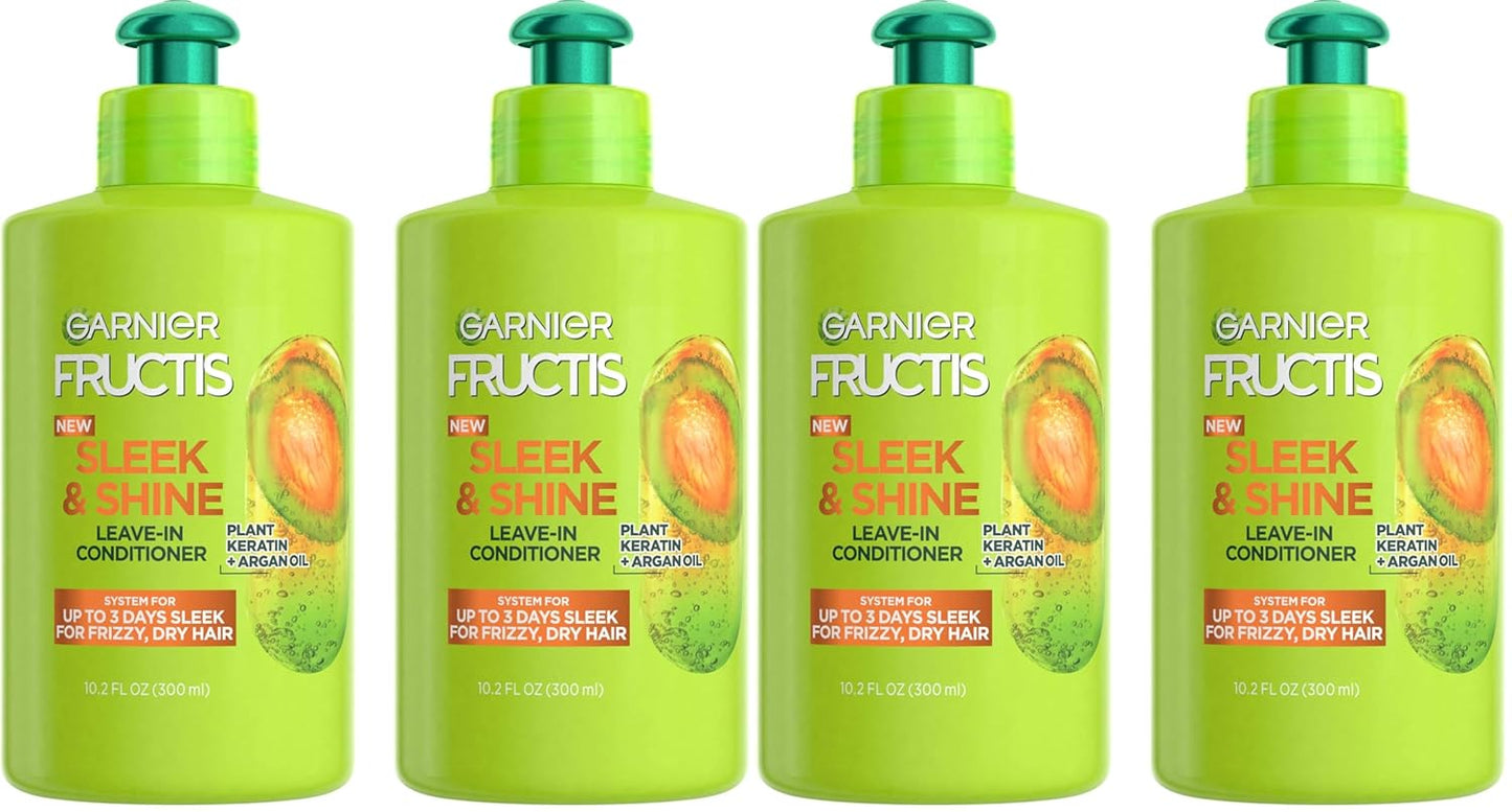 Garnier Fructis Sleek & Shine Leave-In Conditioning Cream for Frizzy, Dry Hair, Plant Keratin + Argan Oil, 10.2 Fl Oz, 2 Count (Packaging May Vary) (Pack of 2)