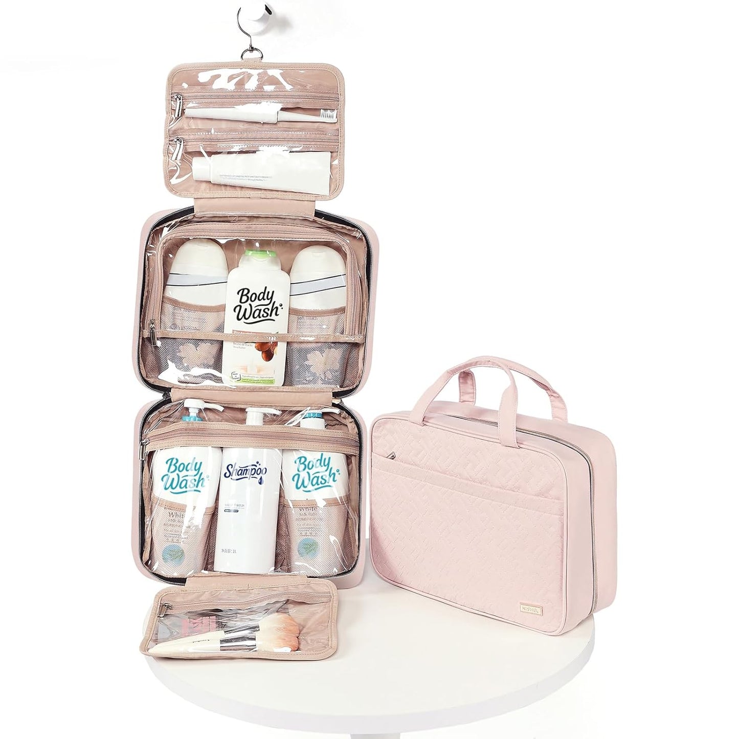 NISHEL Travel Toiletry Bag for women, Portable Hanging Organizer for Family-Sized Shampoo, Conditioner, Brushes Set, Makeup Accessories, Extra Large Size, Pink